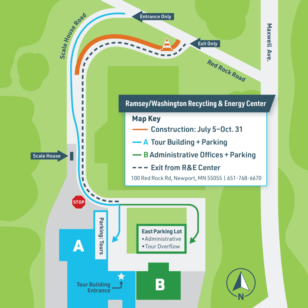 Updated visitor map of the R&E Center showing new traffic flow controls between July 5-October 31, 2026. All visitors should enter through the Scale House Road and exit through the standard visitor exit (keep right).