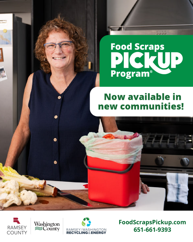 Social media graphics for new communities, person posing next to a food scrap tote