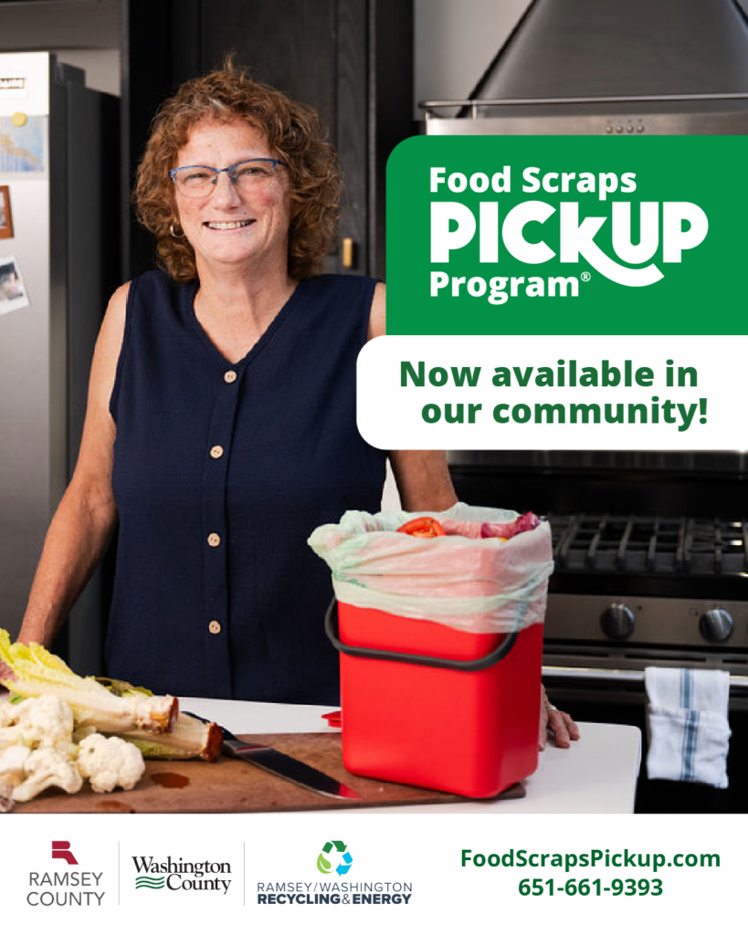 Social media graphics for our community, person posing next to a food scrap tote