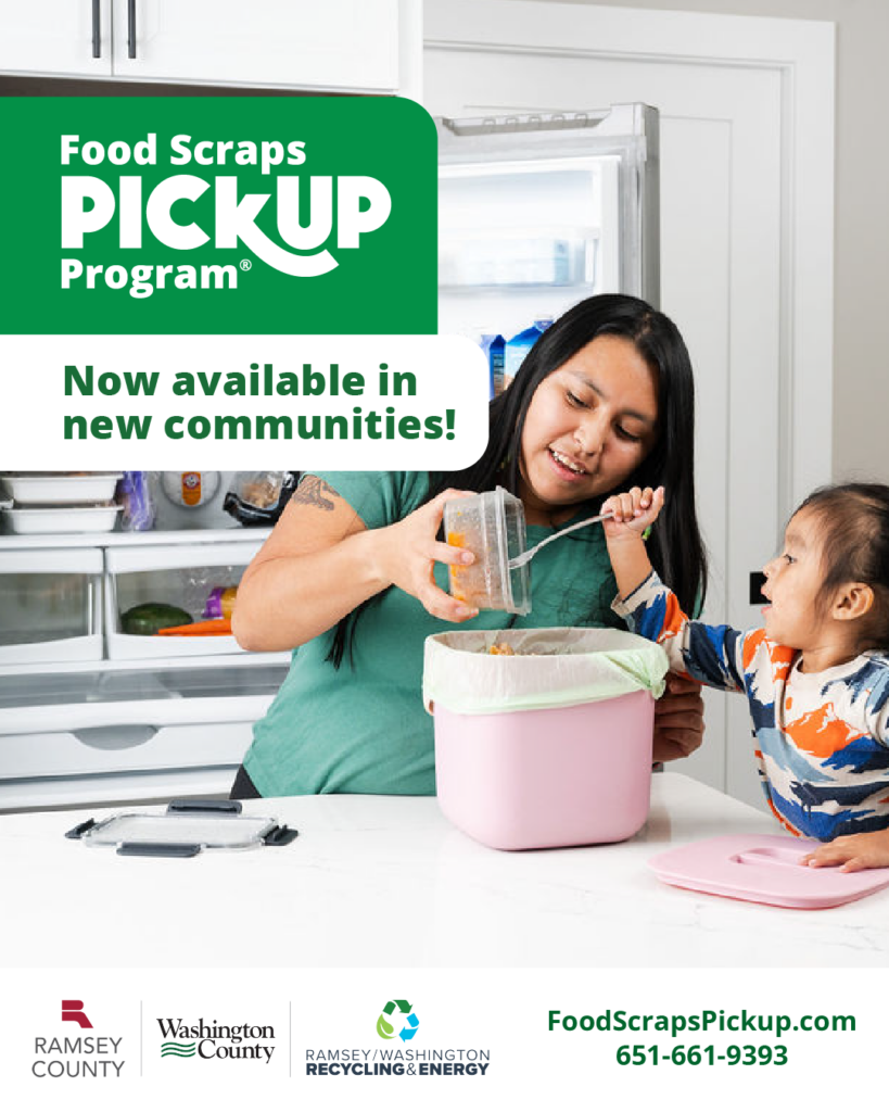 Social media graphics for new communities, young mother and her daughter collecting food scraps