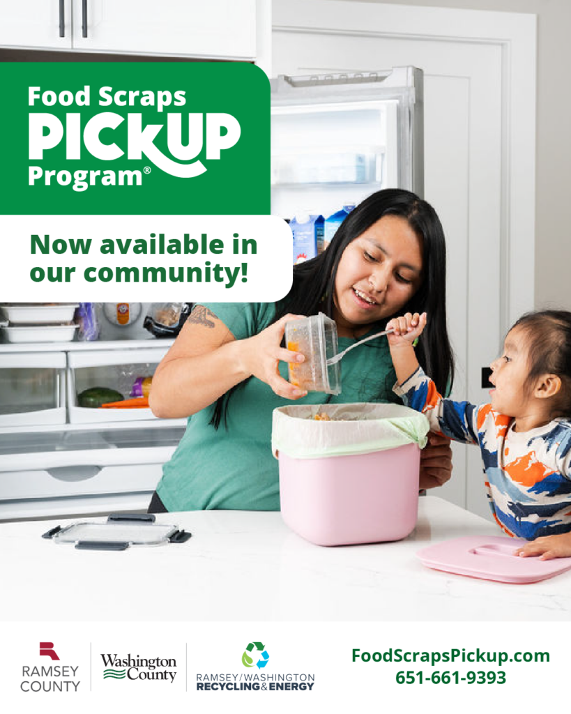 Social media graphics for our community, young mother and her daughter collecting food scraps