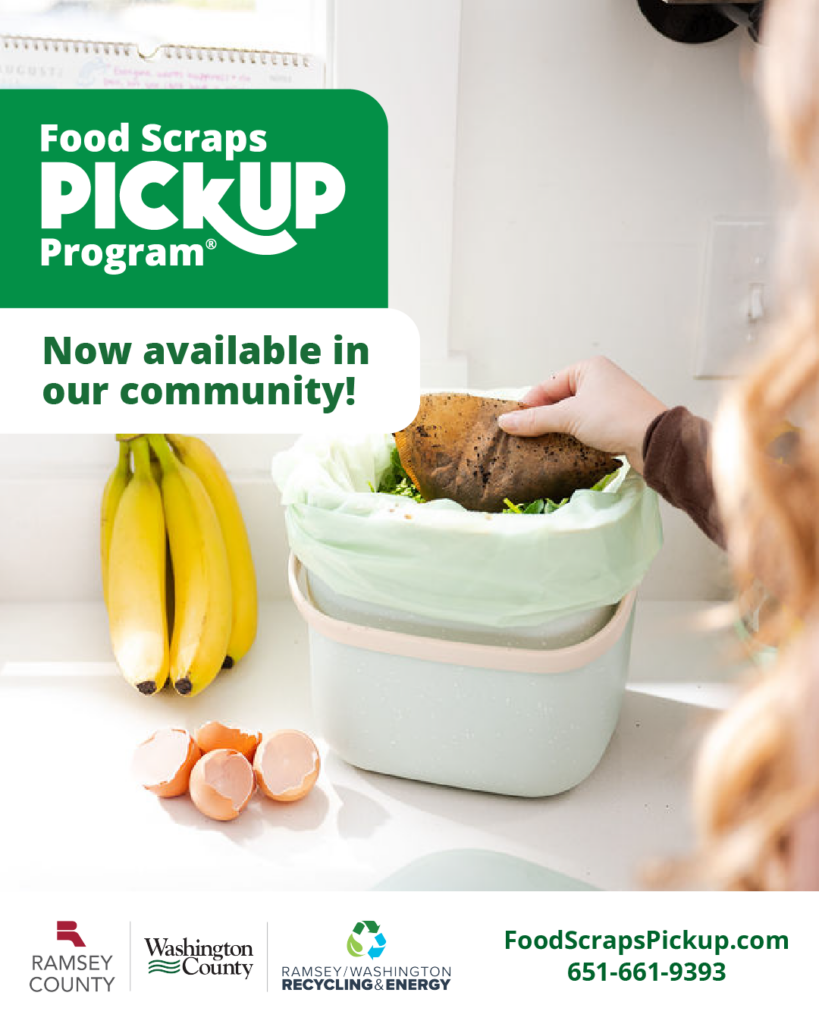 Social media graphics for our community, person in kitchen with food scrap tote and egg shells