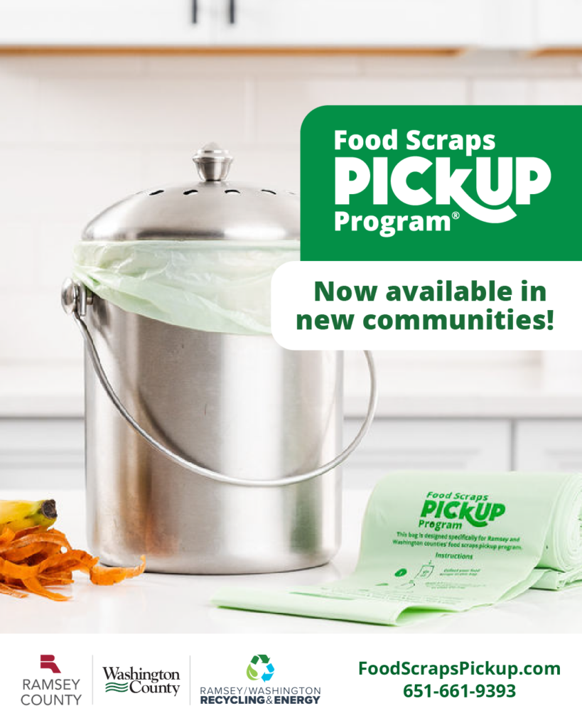 Social media graphics for new communities, brushed metal food scraps container