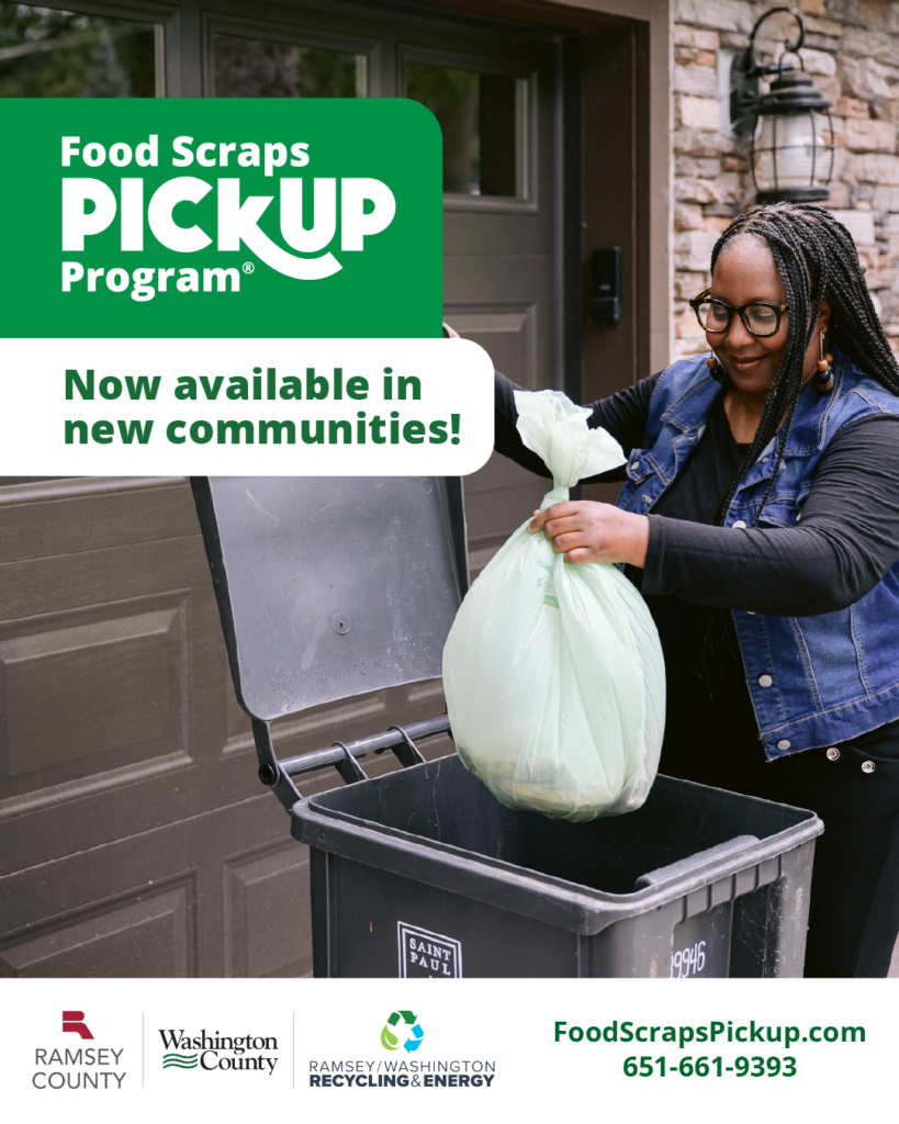 Social media graphics for new communities, person placing a food scrap bag in a bin