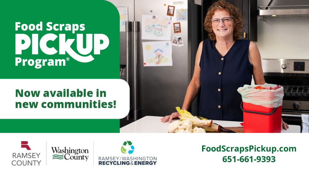 Social media graphics for new communities, person posing next to a food scrap tote