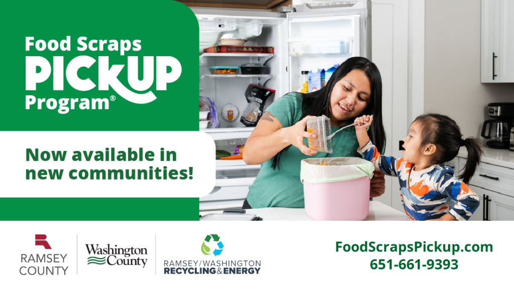 Social media graphics for new communities, young mother and her daughter collecting food scraps