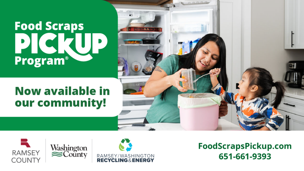 Social media graphics for our community, young mother and her daughter collecting food scraps