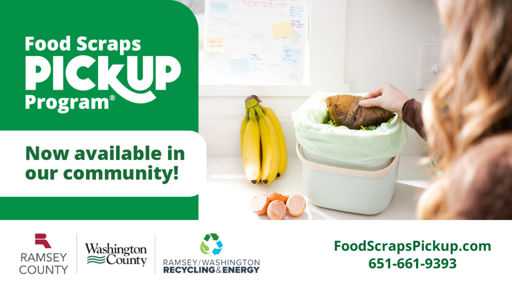Social media graphics for our community, person in kitchen with food scrap tote and egg shells