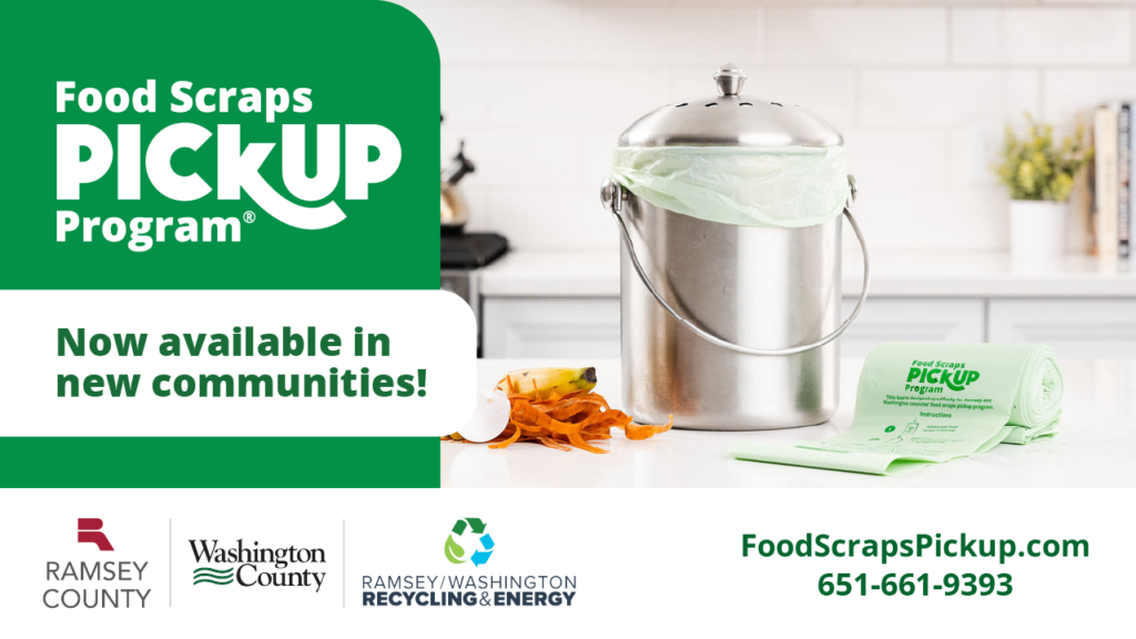 Social media graphics for new communities, brushed metal food scraps container