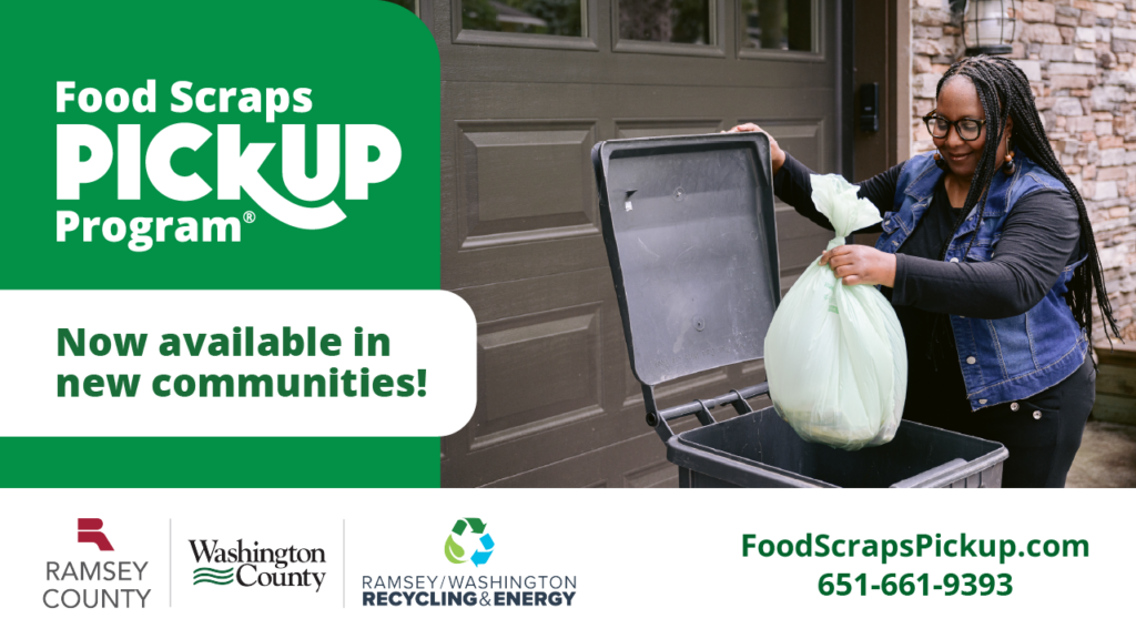 Social media graphics for new communities, person placing a food scrap bag in a bin