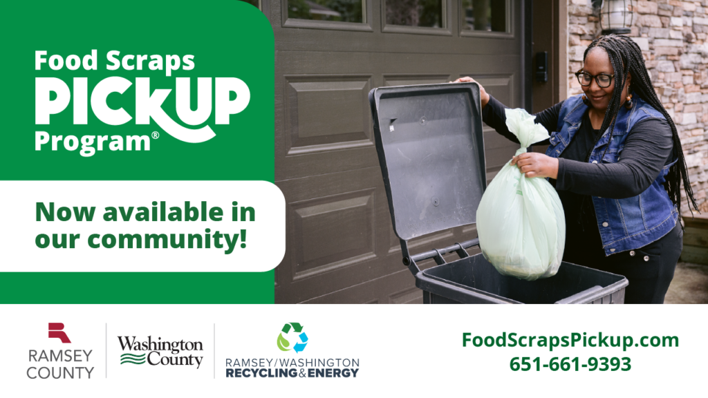 Social media graphics for our community, person placing a food scrap bag in a bin